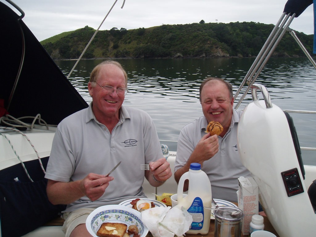 The crew enjoy a saturday morning breakfast aboard Kriselda © Jane Pares - IMB
